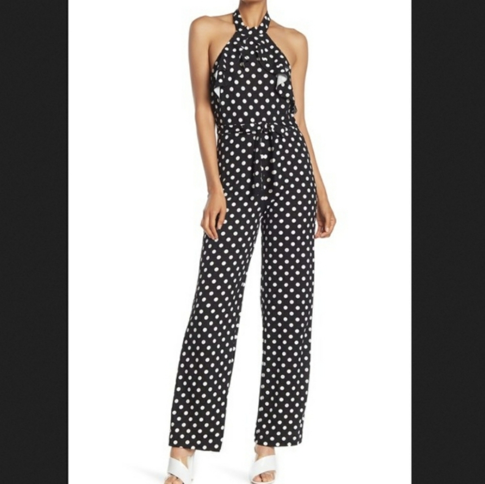 Polka Dot Halter Jumpsuit - Black/White